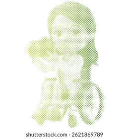 A woman sitting in a wheelchair is taking a photo cartoon retro halftone modern
