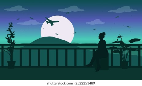 A Woman Sitting While Looking at a Plane Flying Over a Mountain - Beautiful 2D Landscape Silhouette Wallpaper