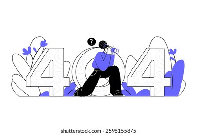 woman sitting while looking for something using binoculars through number 404 line art style