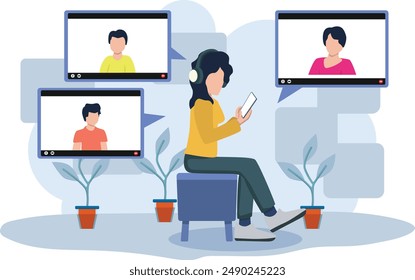 A woman is sitting while using headphones to make a virtual call
