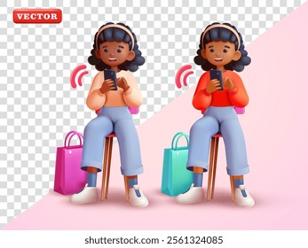 Woman sitting while using smartphone. Vector 3d, Suitable for promotions, advertising and design elements