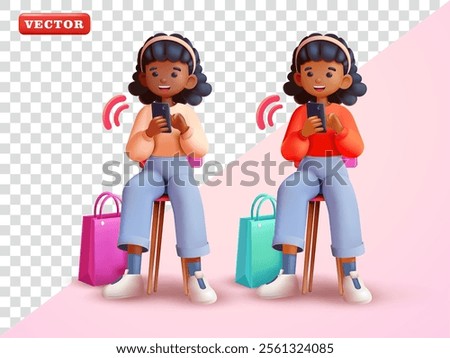 Woman sitting while using smartphone. Vector 3d, Suitable for promotions, advertising and design elements