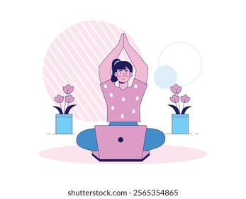 Woman sitting while yoga looking at laptop, start mediation at home to calm mind. Character design. Vector flat illustration