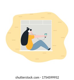 Woman sitting in the window and listening podcast, music or tacking with someone. Flat modern vector illustration.