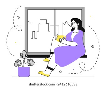 Woman sitting at windowsill linear. Young girl sitting and look at window. Comfort and coziness indoor. Character with cup of hot drink look at cityscape. Doodle flat vector illustration
