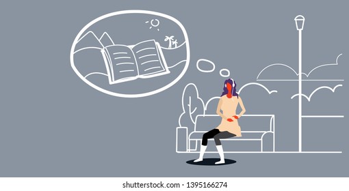 woman sitting wooden bench listening audio book through headphones businesswoman relaxing outdoor urban park landscape background full length sketch doodle horizontal