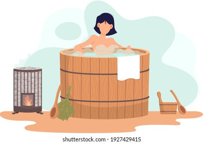 Woman sitting in wooden font. Bathhouse at home interior design. Girl in barrel is resting in sauna. Female character is relaxing in hot steam. Person is bathing with water heated with fire device