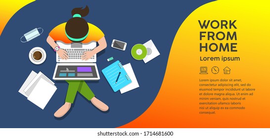 Woman sitting work computer from home, top view design colorful background, vector illustration