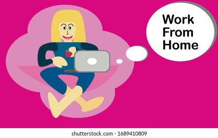 A woman sitting and work at home on the sofa and use a notebook to work.  drinking coffee as well.There is a text box for modifying text or images.Flat vector illustration.