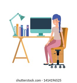 woman sitting in the work office with white background