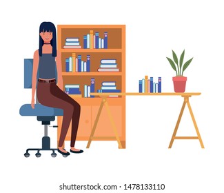 woman sitting in the work office with white background