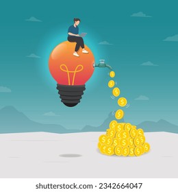 Woman sitting and work on light bulb. Work with big ideas and making a lot of money vector illustration
