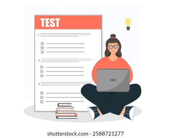 Woman sitting at work place with laptop and writing text, online learning, studying exams for student, flat vector illustration