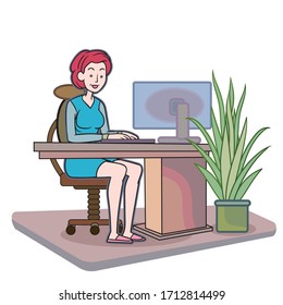 Una mujer sentada y trabajando con un ordenador. ilustraciones de diseño vectorial de estilo dibujado a mano.

