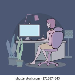 Una mujer sentada y trabajando con un ordenador. ilustraciones de diseño vectorial de estilo dibujado a mano.