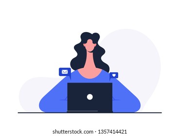 Woman Sitting and Working with Computer. Stylized Character. Vector Illustration