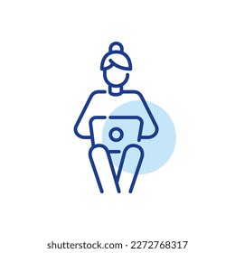 Woman sitting and working with laptop on her knees. Pixel perfect, editable stroke line icon