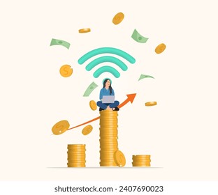 Woman sitting and working, making money with online business. Vector illustration.