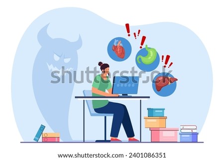 Woman sitting and working on computer vector illustration. Influence of sedentary job on heart, stomach, liver. Monster silhouette on background. Harm of sedentary lifestyle concept