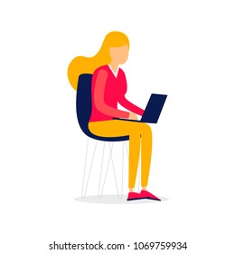 Woman sitting working on laptop, office life, freelancing. Flat style vector illustration.