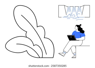 Woman sitting and working on a laptop, beside a large leaf and waterfall elements. Ideal for remote work, nature themes, digital nomad lifestyle, environmental focus, work-life balance, minimalism