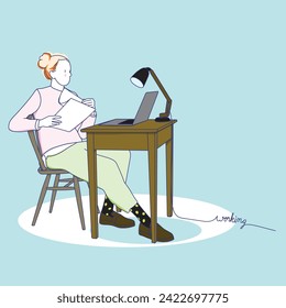 Woman sitting and working, studying, computer, lamp, desk, pastel colors, home working, home schooling, work from home, vector illustration.