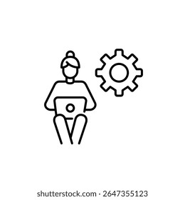 Woman sitting working or studying at laptop and cogwheel. Account management, workflow optimization, admin control panel, digital workspace settings, user interface customization. Pixel perfect, edita