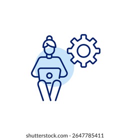 Woman sitting working or studying at laptop and cogwheel. Account management, workflow optimization, admin control panel, digital workspace settings, user interface customization. Pixel perfect, edita