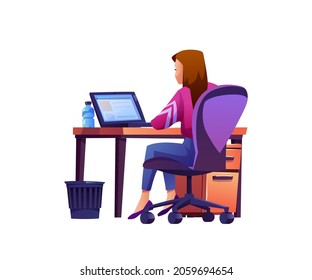 Woman sitting at workplace with laptop on table and water bottle on desktop isolated cartoon character. Vector back view of businesswoman at computer, employee freelancer, waste bin on floor