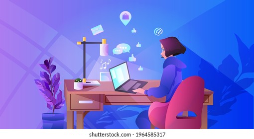 woman sitting at workplace and working on laptop chat bubble communication social media network concept