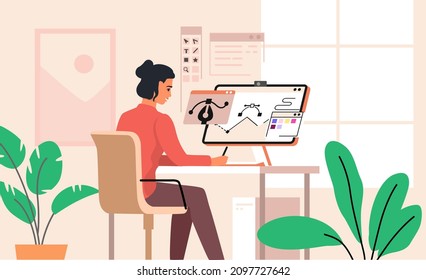 Woman sitting at workspace vector. Computer graphics designer work on desk at home