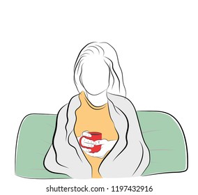 Woman sitting wrapped in a blanket. holds a hot cup of coffee (tea). vector illustration