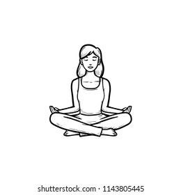 Woman Sitting In Yoga Lotus Pose Hand Drawn Outline Doodle Icon. Wellness, Meditation, Mind Relaxation Concept. Vector Sketch Illustration For Print, Web, Mobile And Infographics On White Background.