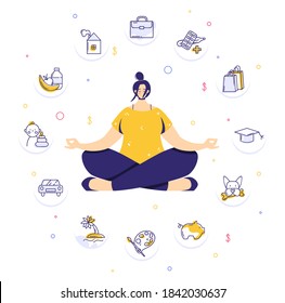 Woman sitting in yoga lotus pose and meditating. Human needs icons. Life balance concept. Isolated vector illustration in modern flat style
