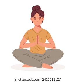 Mujer sentada en una pose de loto de yoga. Carácter femenino meditación, alivio del estrés e ilustración vectorial plana meditación. Meditación humana tranquila