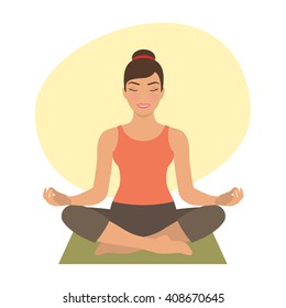 Woman sitting in yoga lotus pose. Meditating girl illustration