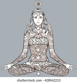 Woman sitting in yoga lotus pose with Tattoo mehendi zentangle ornamental vintage pattern. Meditation, aura and chakras. Vector illustration. Coloring for adult