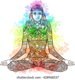 Woman sitting in yoga lotus pose with Tattoo mehendi zentangle ornamental vintage pattern. Meditation, aura and chakras. Vector illustration. Coloring for adult. Watercolor texture