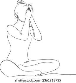 Woman sitting in yoga lotus position. Continuous drawing in one line. Vector illustration