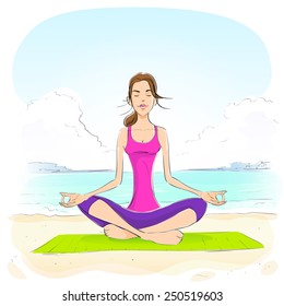 woman sitting in yoga lotus position closed eyes relaxing doing exercises vector illustration