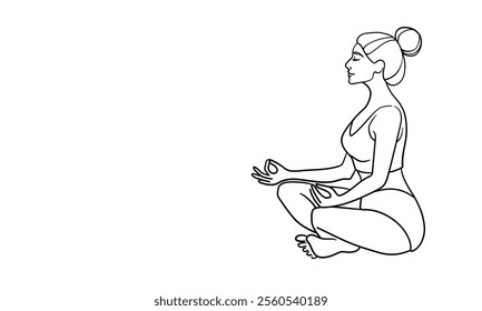 Woman sitting in yoga meditation continuous line art drawing isolated on white background. Healthy lifestyle. Vector illustration