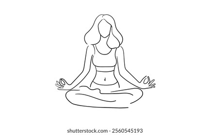 Woman sitting in yoga meditation continuous line art drawing isolated on white background. Healthy lifestyle. Vector illustration