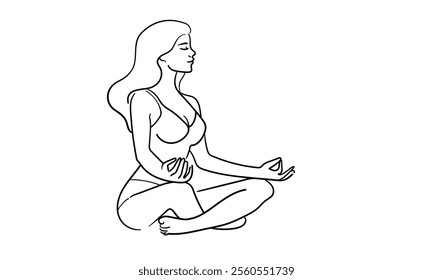 Woman sitting in yoga meditation continuous line art drawing isolated on white background. Healthy lifestyle. Vector illustration