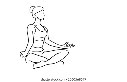 Woman sitting in yoga meditation continuous line art drawing isolated on white background. Healthy lifestyle. Vector illustration