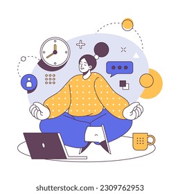 Woman sitting in yoga pose in front of laptop, freelancer meditating at home near computer screen. Vector illustration of cartoon girl working at home, employee online on quarantine