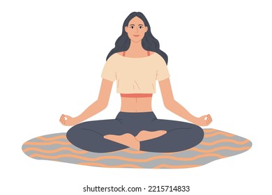 Woman sitting in yoga pose at home. Girl doing meditation in living room