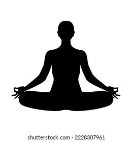 Woman sitting in yoga pose silhouette icon vector. Meditating person icon isolated on a white background. Girl sitting in yoga lotus position black silhouette graphic design element