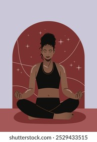 Woman sitting in yoga pose with simple cosmic background. Young woman practicing yoga. Workout and meditation. Wellness concept.
