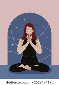 Woman sitting in yoga pose with simple cosmic background. Young woman practicing yoga. Workout and meditation. Wellness concept.
