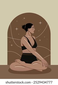 Woman sitting in yoga pose with simple cosmic background. Young woman practicing yoga. Workout and meditation. Wellness concept.
